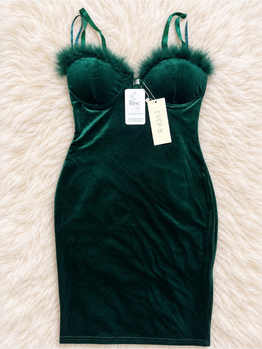 Emerald Green Velvet Feather-Trim Bodycon Dress